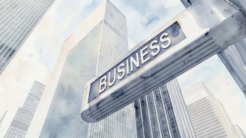 Watercolour of a street sign reading Business among tall office buildings