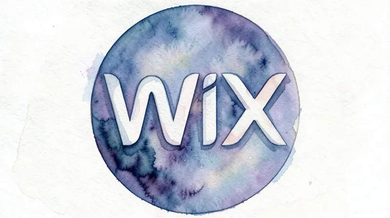 Llun dyfrlliw o logo Wix mewn gwyn y tu mewn i gylch o olch glas a phorffor