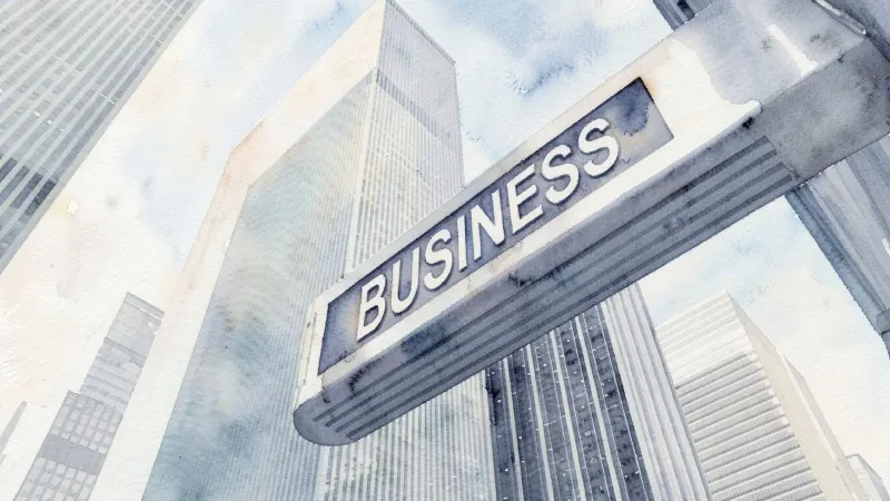 Watercolour of a street sign reading Business among tall office buildings