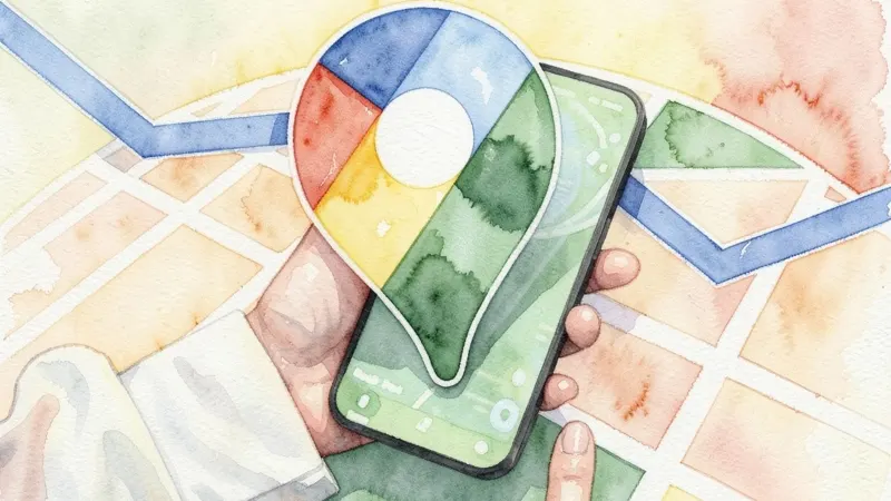 Watercolour of a hand holding a phone, with a Google Maps pin over a street map