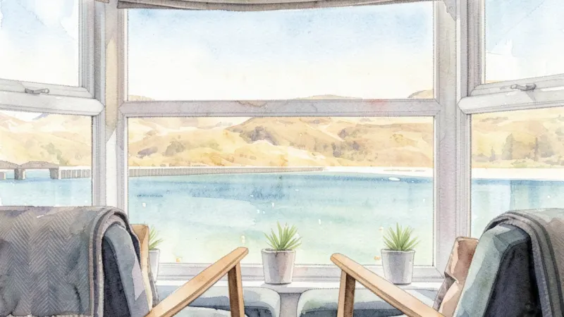 Watercolour of two armchairs at a bay window looking out over the Mawddach estuary to Barmouth Bridge