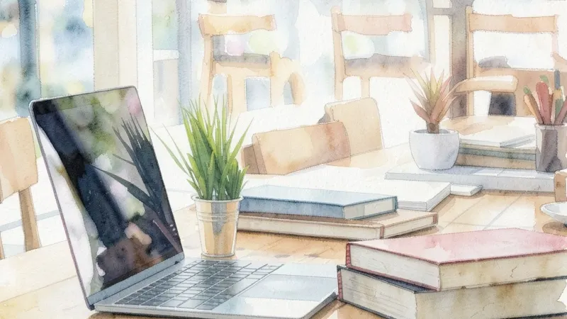 Watercolour of a laptop, a plant and a stack of books on a wooden table by a window
