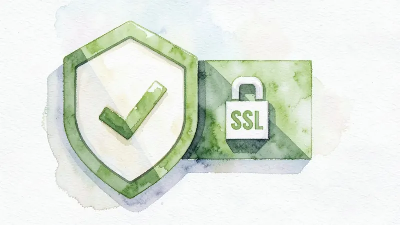 Watercolour of a green shield with a tick beside a padlock marked SSL