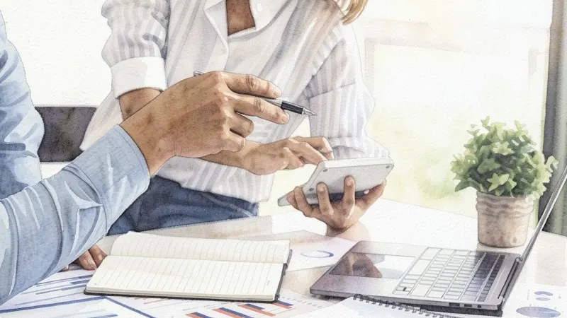 Watercolour of two people at a desk working through figures with a calculator, notebook and laptop