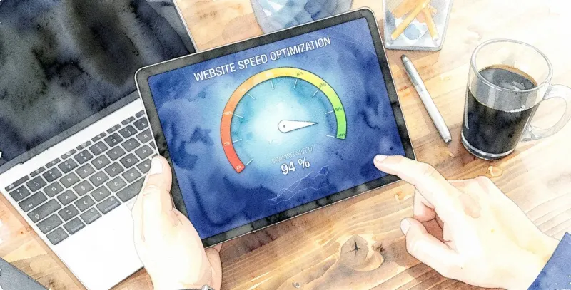 Watercolour of hands holding a tablet showing a website loading speed gauge, beside a laptop and a cup of coffee