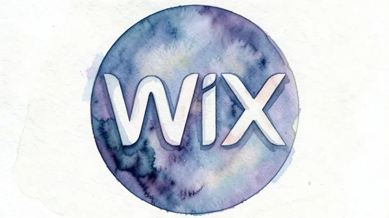 Watercolour of the Wix logo in white inside a circle of blue and purple wash