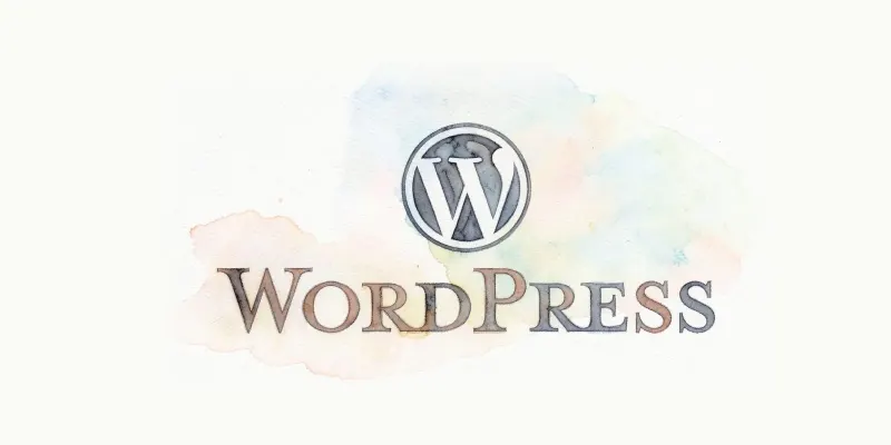 Watercolour of the WordPress logo and wordmark over a soft wash of blue, green and peach