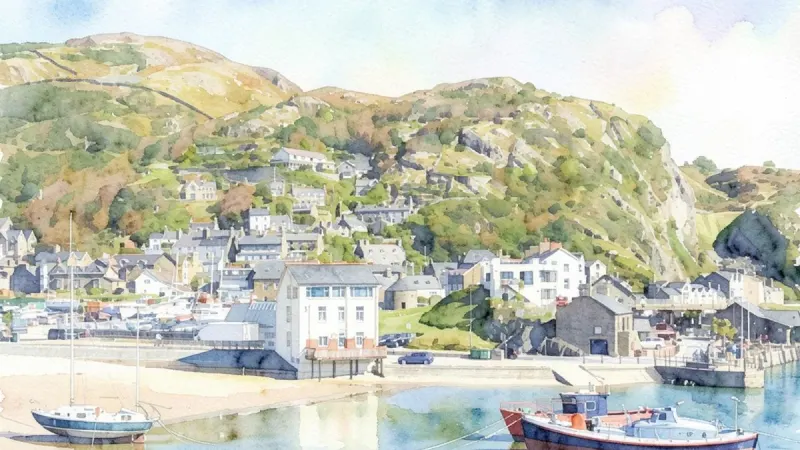 Watercolour of Barmouth quay, with boats in the harbour below the hills
