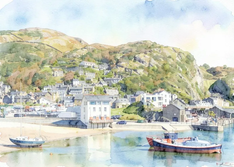 Watercolour of Barmouth quay, with boats in the harbour below the hills