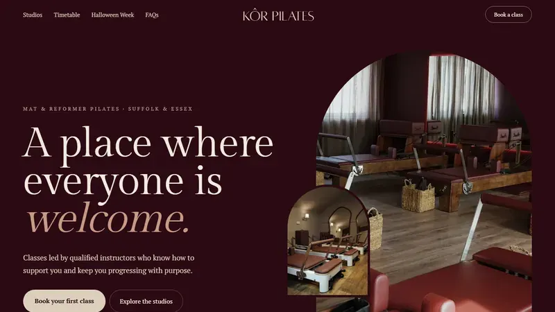 The new KÔR Pilates homepage