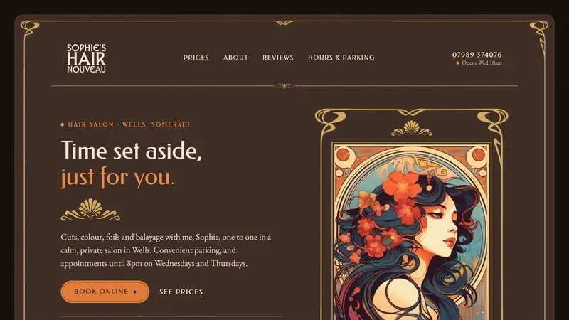 The new Sophie's Hair Nouveau homepage